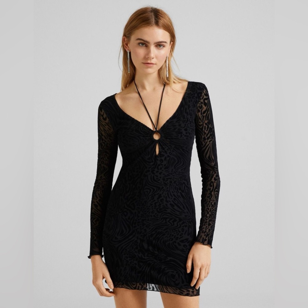 Bershka Black leopard tight Long Sleeve Dress